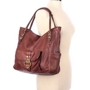 B. Makowski Large Satchel Chain Accent Cognac Substantial Quality Leather